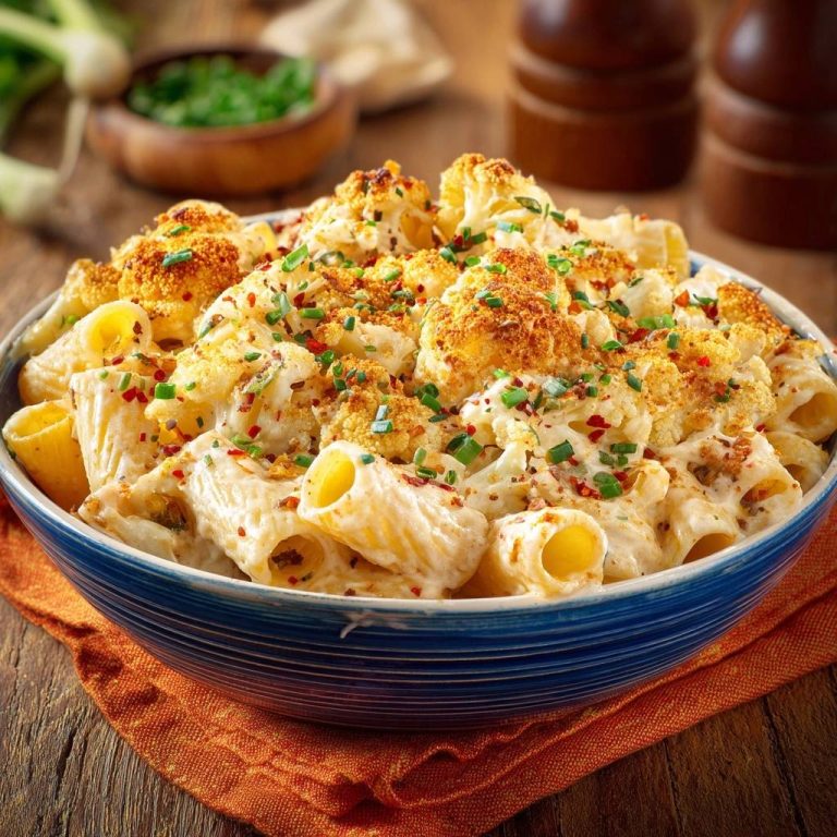 Cremige Rigatoni mit knusprigem Blumenkohl, Nahaufnahme der cremigen Pasta und des goldbraunen Blumenkohls mit Kräutern garniert.