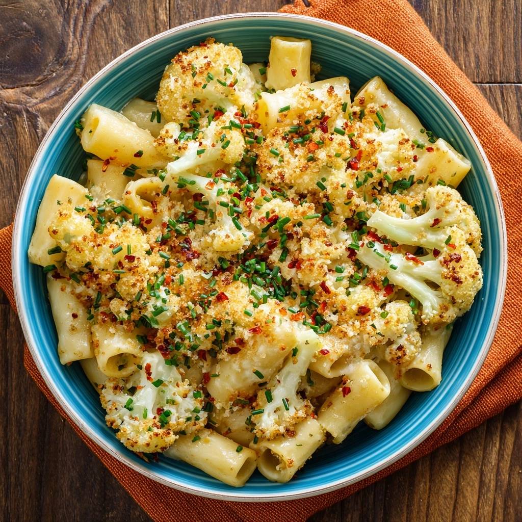 Cremige Rigatoni mit knusprigem Blumenkohl, garniert mit Paniermehl und Kräutern, aus der Vogelperspektive.
