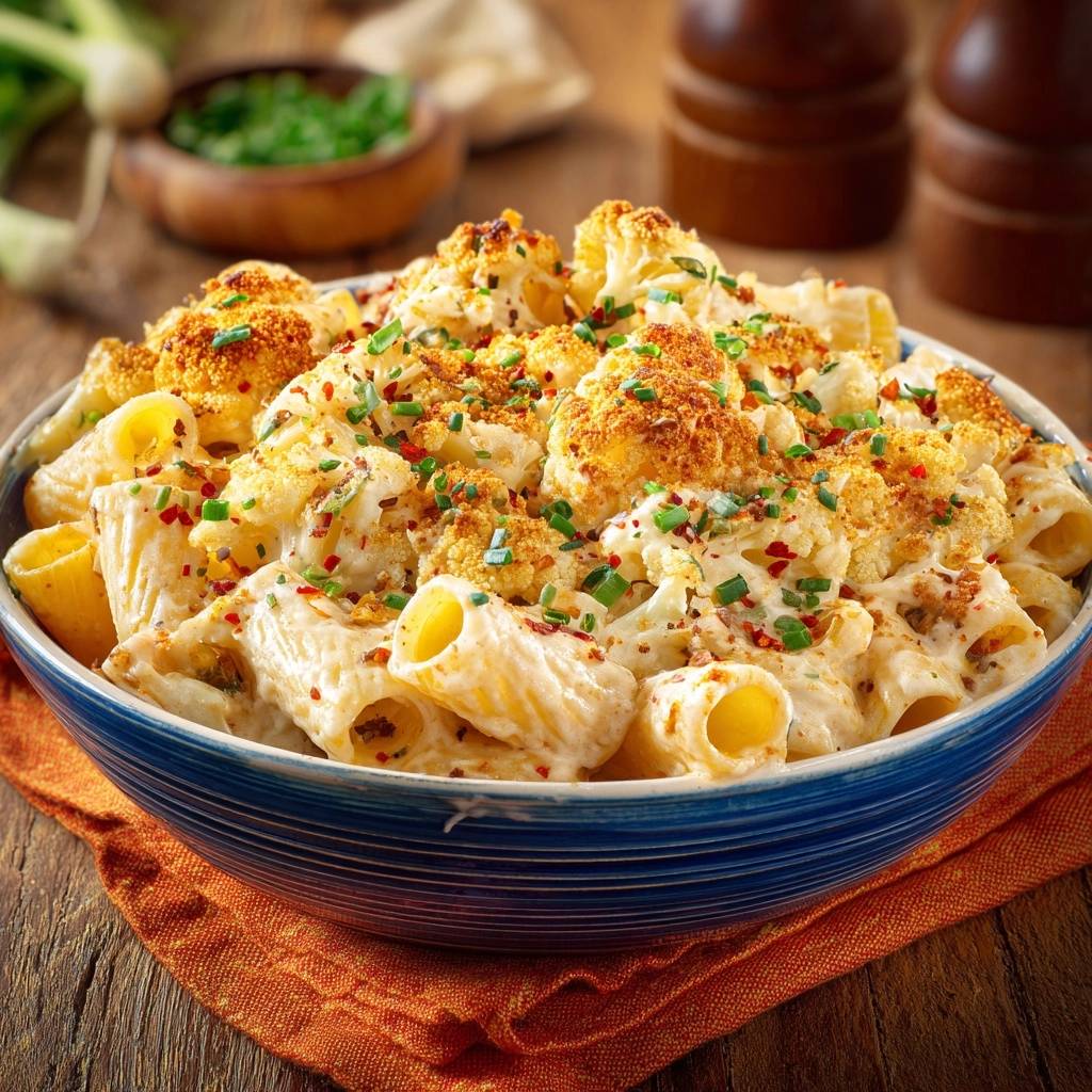 Cremige Rigatoni mit knusprigem Blumenkohl, Nahaufnahme der cremigen Pasta und des goldbraunen Blumenkohls mit Kräutern garniert.
