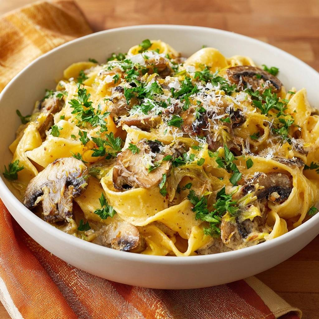 Cremige Rigatoni Mit Pilzen Fenchel Nahaufnahme Garniert 1 Cremige Rigatoni mit Pilzen und Fenchel, als Nahaufnahme mit frischer Petersilie und Parmesan garniert.