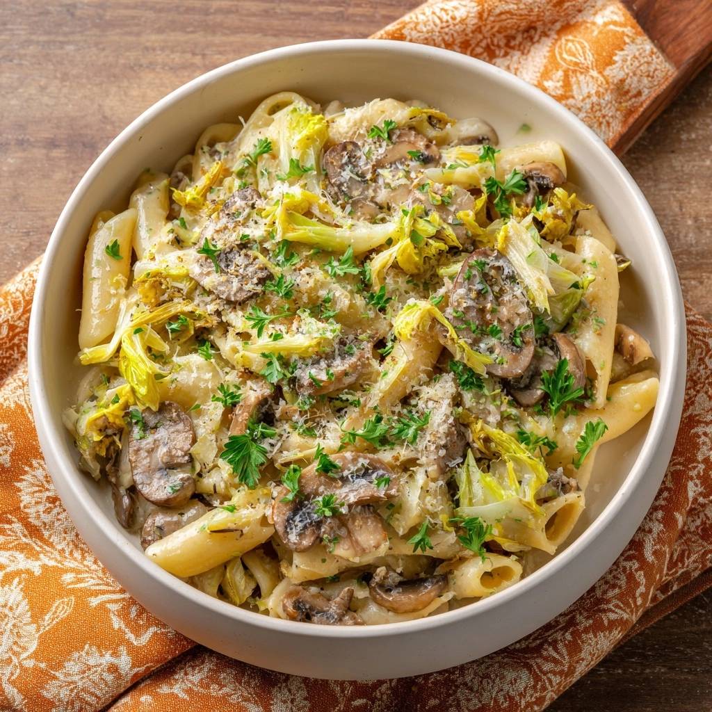 Cremige Rigatoni mit Pilzen und Fenchel, serviert in einer Schüssel mit frischer Petersilie und Parmesan, Nahaufnahme.