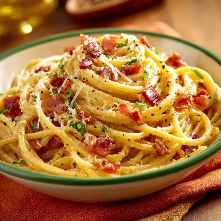 Cremige Spaghetti Carbonara mit Bacon, serviert in einer Schüssel mit geriebenem Parmesan und gehackter Petersilie, Nahaufnahme.