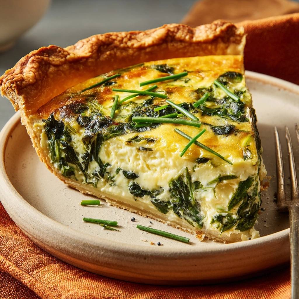 Cremige Spinat-Quiche angeschnitten auf einem Teller mit frischen Kräutern garniert, Nahaufnahme des cremigen Inneren und des goldbraunen Teigs.