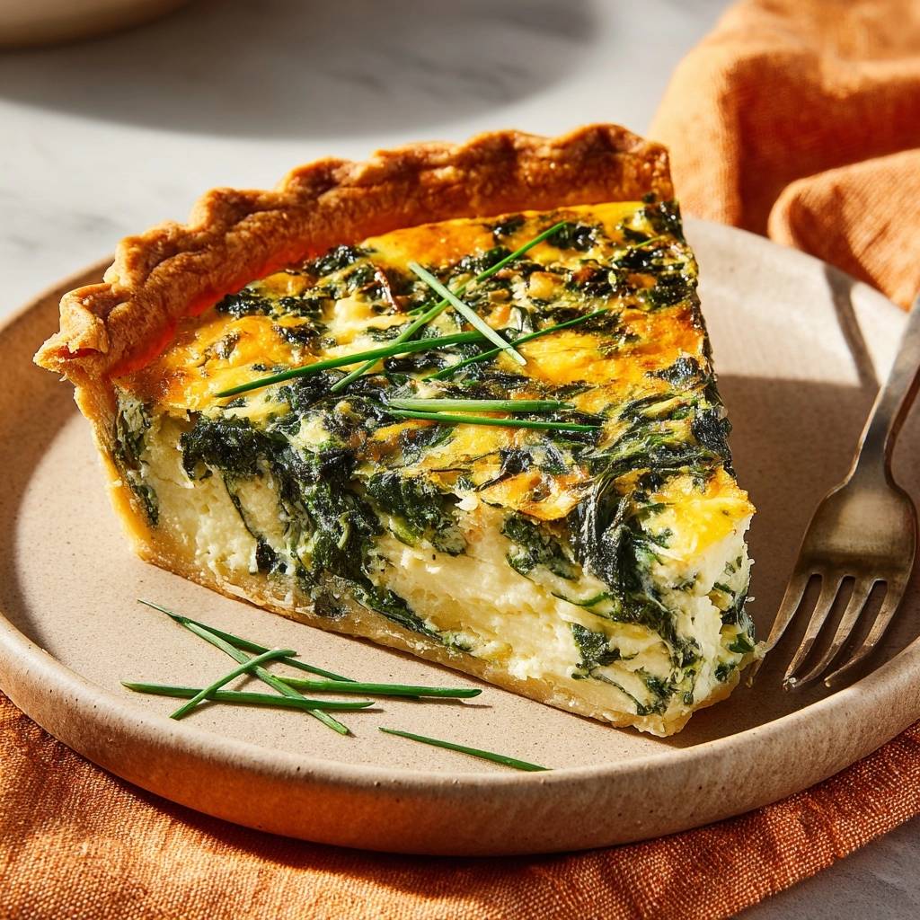 Cremige Spinat-Quiche angeschnitten auf einem Teller mit frischen Kräutern garniert, Nahaufnahme des saftigen Inneren.