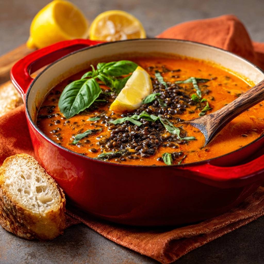 Cremige Tomaten-Linsensuppe mit Zitrone und Basilikum, garniert mit einer Zitronenspalte und Linsen, serviert in einem roten Topf.