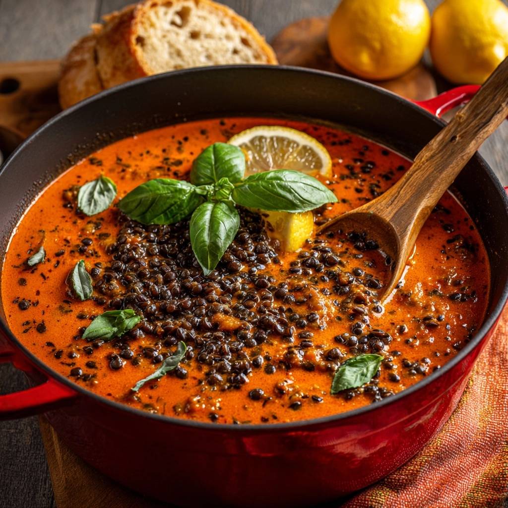 Cremige Tomaten-Linsensuppe mit Zitrone & Basilikum, serviert mit einem Holzlöffel in einem roten Topf, Nahaufnahme