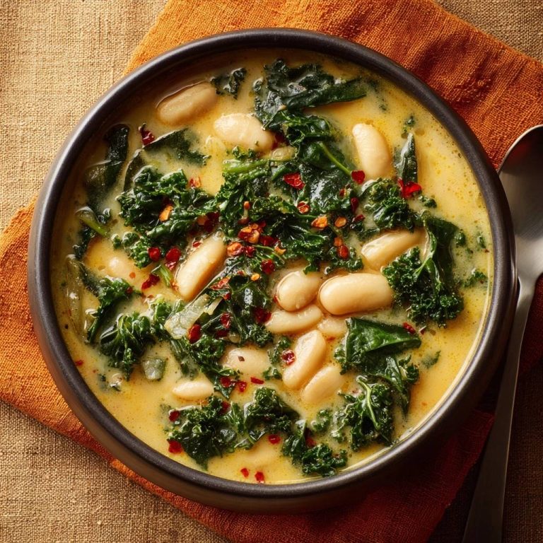 Cremige Weiße-Bohnen-Grünkohl-Suppe mit roten Chiliflocken als Garnitur, nahaufnahme der Textur.