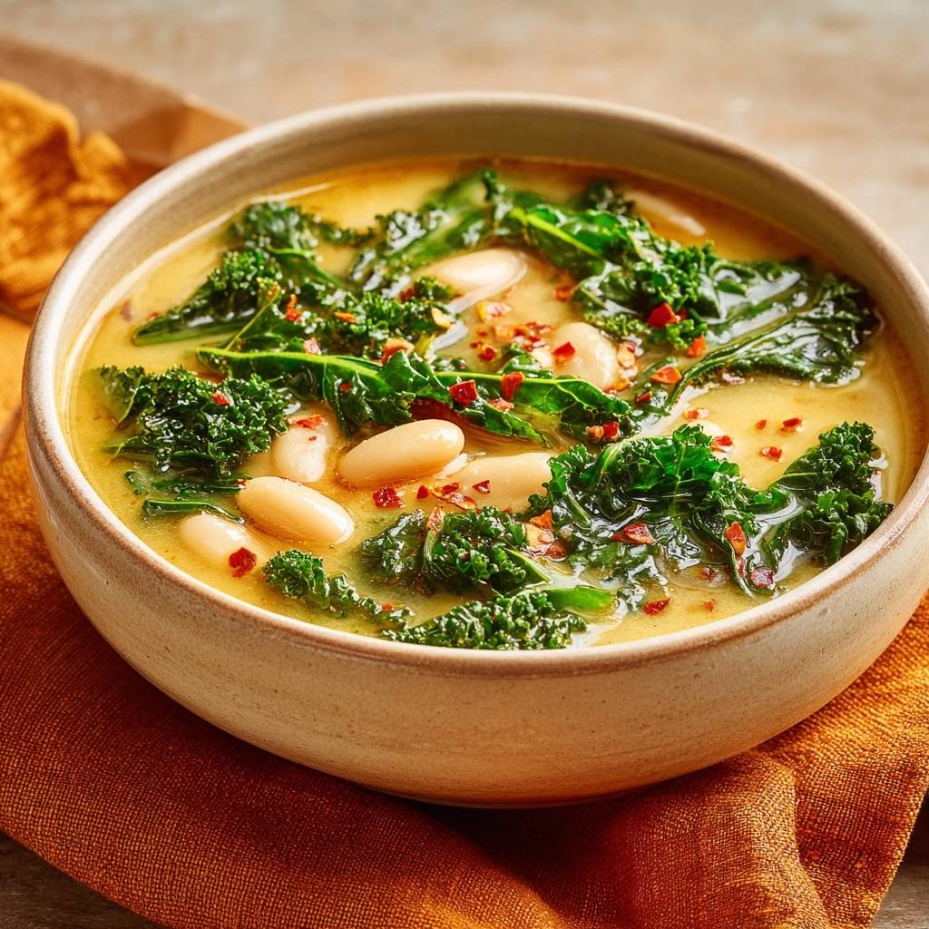 Cremige Weisse Bohnen Grnkohl Suppe Nahaufnahme 1 Cremige Weiße-Bohnen-Grünkohl-Suppe mit zartem Grünkohl und weißen Bohnen in Nahaufnahme, bestreut mit Chiliflocken.