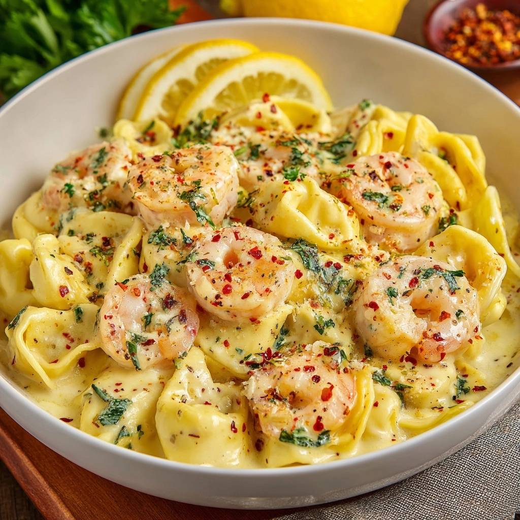 Cremige Zitronen-Garnelen-Ravioli im Detail mit garnierten Garnelen und Zitronenscheiben serviert.