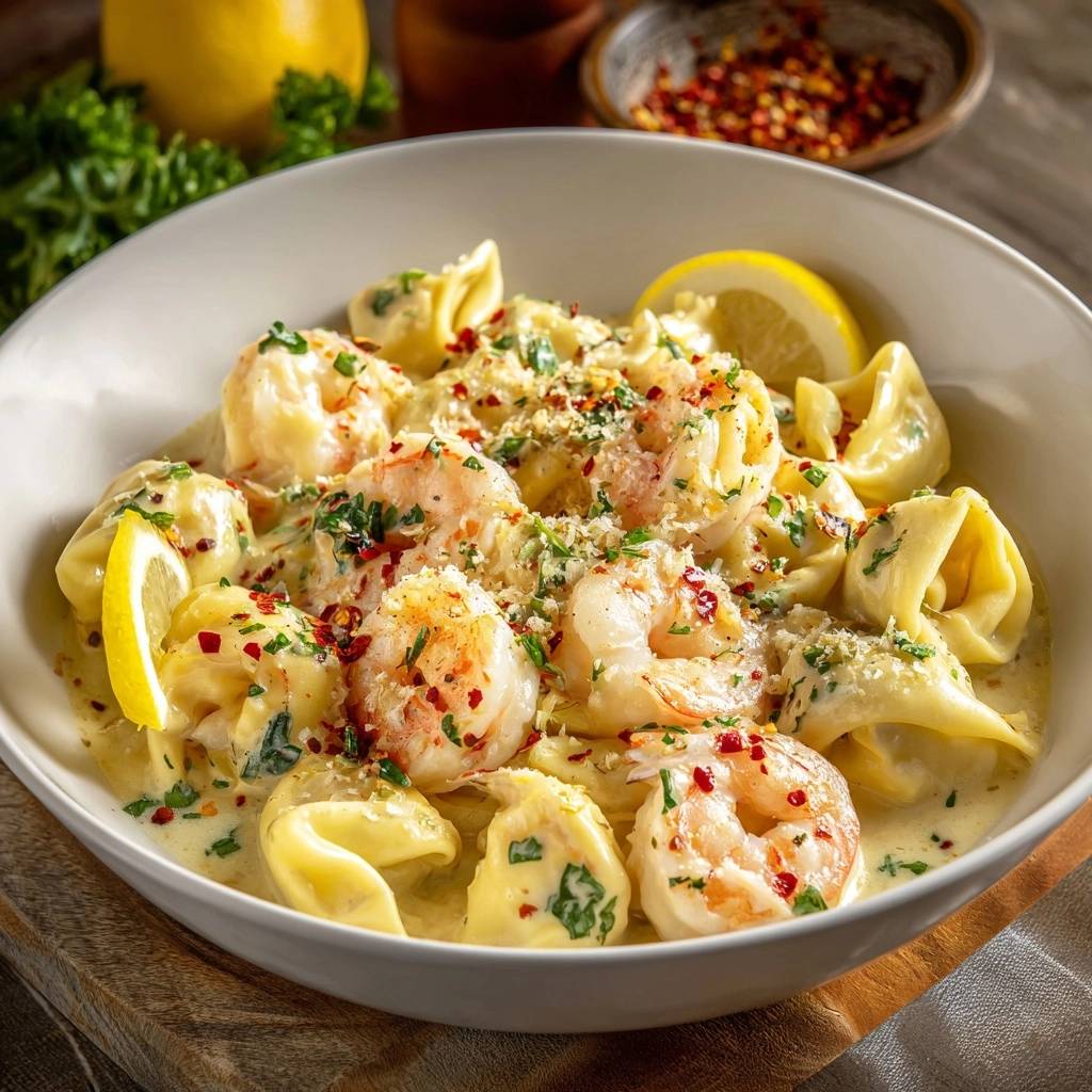 Cremige Zitronen Garnelen Ravioli Nahaufnahme Mit Krutern 1 Cremige Zitronen-Garnelen-Ravioli mit frischen Kräutern und zerdrückten roten Chiliflocken, garniert mit Zitrone.