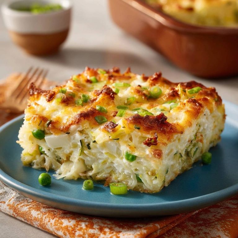 Cremiger Blumenkohl-Zucchini-Auflauf mit Erbsen, ein angeschnittener Laib auf einem blauen Teller mit Garnitur aus Frühlingszwiebeln.