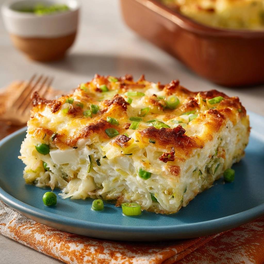 Cremiger Blumenkohl-Zucchini-Auflauf mit Erbsen, ein angeschnittener Laib auf einem blauen Teller mit Garnitur aus Frühlingszwiebeln.
