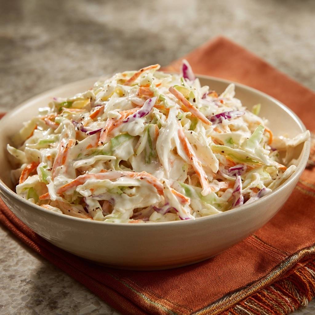 Cremiger Coleslaw in einer Schüssel, mit Nahaufnahme der cremigen Textur und der Gemüsestreifen aus Weißkohl und Karotten.