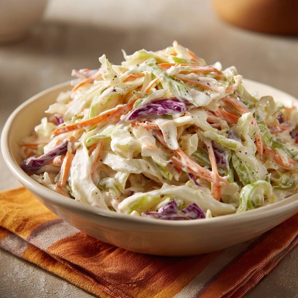 Cremiger Coleslaw als Nahaufnahme in einer Schüssel auf einem orangefarbenen Tuch, mit einer cremigen Soße und schwarzen Pfefferkörnern.