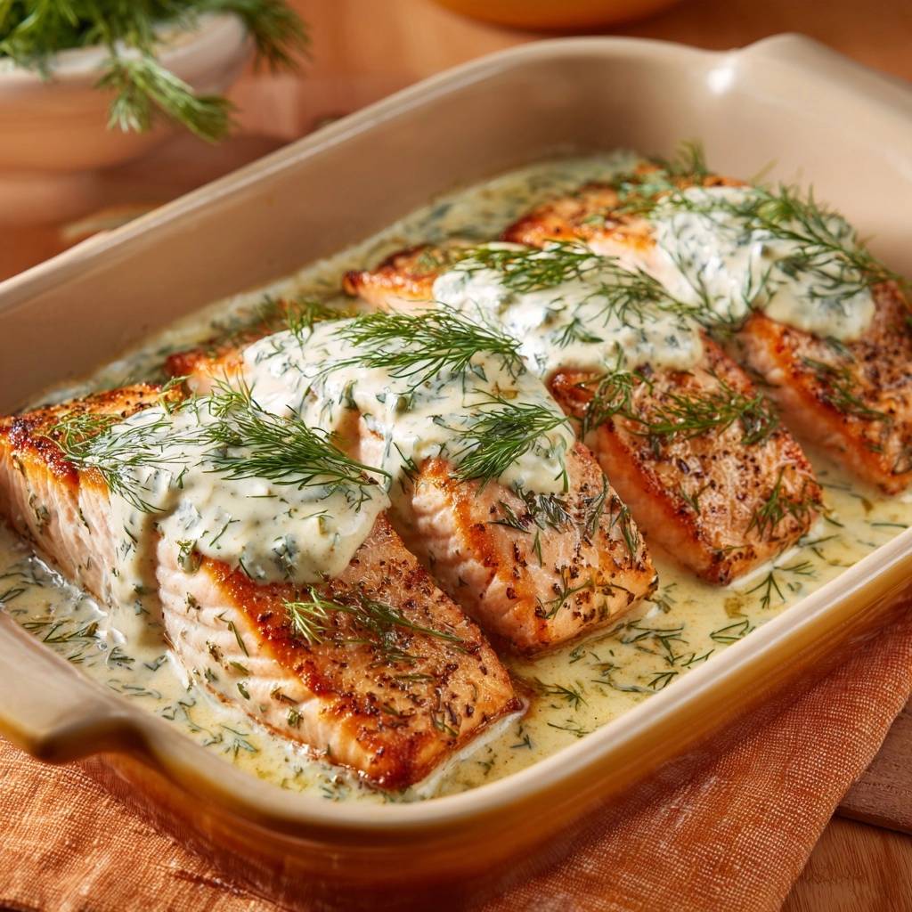 Cremiger Dill-Lachs aus dem Ofen, saftig und einfach, mit einer cremigen Sauce und frischem Dill garniert