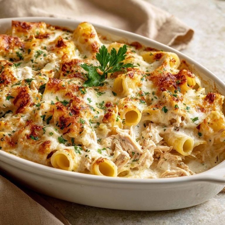 Cremiger Hähnchen-Rigatoni-Auflauf mit geschmolzenem Käse und goldbrauner Kruste, nahaufnahme der Textur.