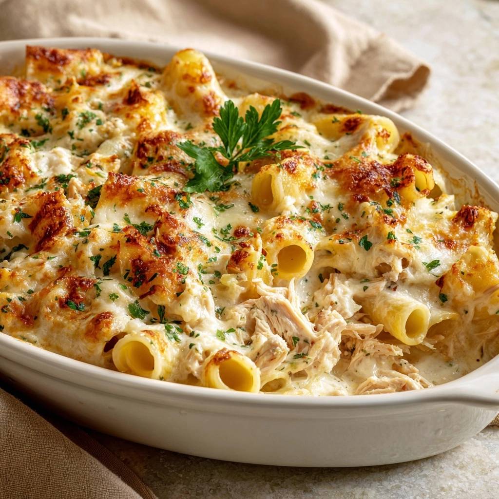 Cremiger Hähnchen-Rigatoni-Auflauf mit geschmolzenem Käse und goldbrauner Kruste, nahaufnahme der Textur.