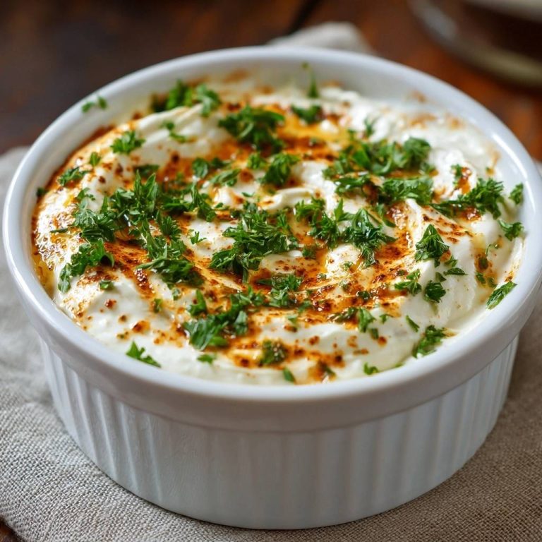 Cremiger Petersilien-Joghurt-Dip, nahaufnahme garniert mit frischer Petersilie und Paprikapulver.