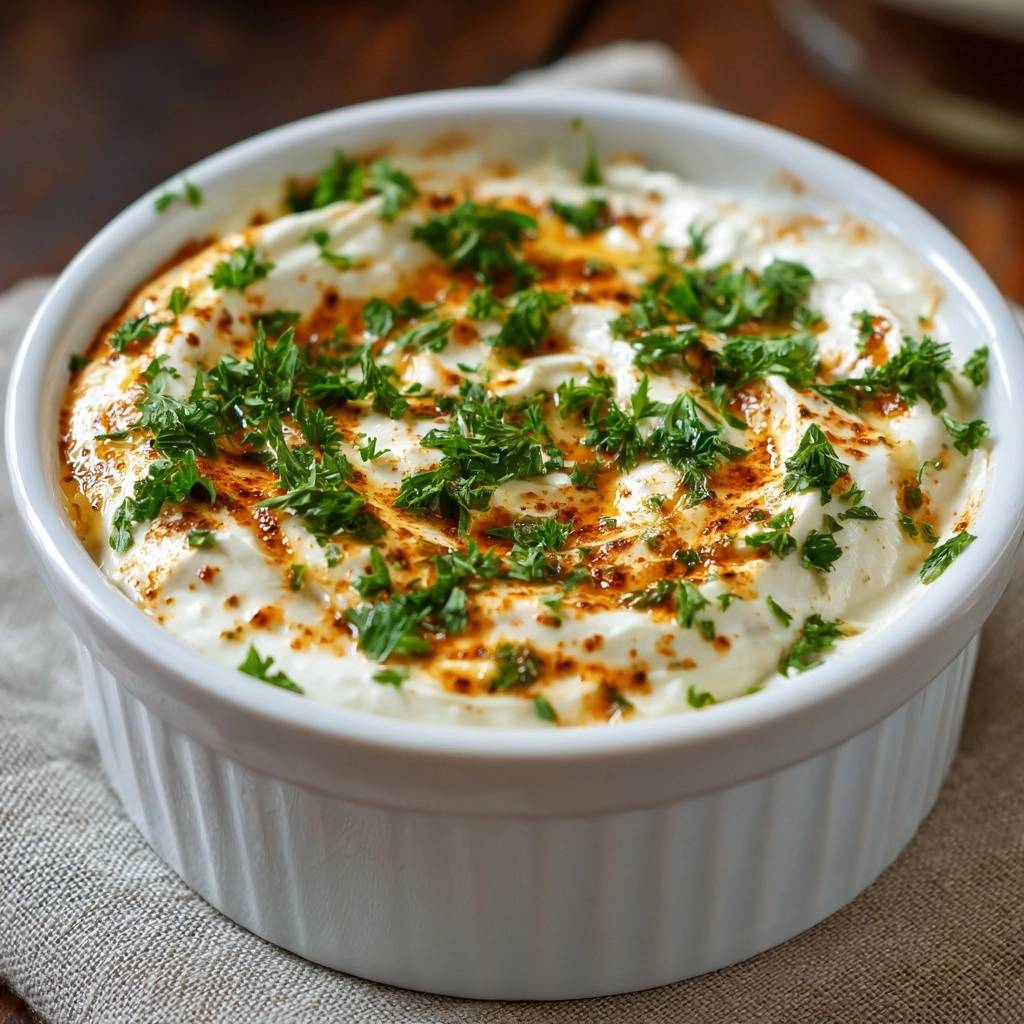 Cremiger Petersilien-Joghurt-Dip, nahaufnahme garniert mit frischer Petersilie und Paprikapulver.