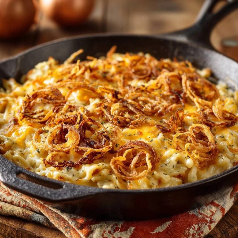 Cremiger Kartoffel-Käse-Auflauf mit knusprigen Zwiebelringen, detailnah in einer Gusseisenpfanne serviert.