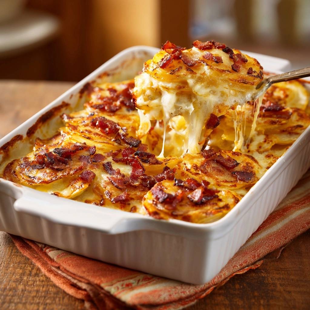 Cremiger Kartoffel-Speck-Gratin, bei dem eine Portion mit geschmolzenem Käse herausgehoben wird.