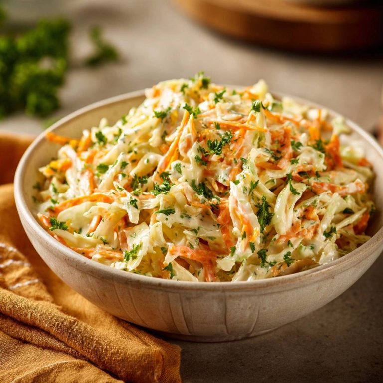 Cremiger Krautsalat mit frischer Petersilie garniert, Nahaufnahme einer Schüssel voller knackigem Coleslaw.