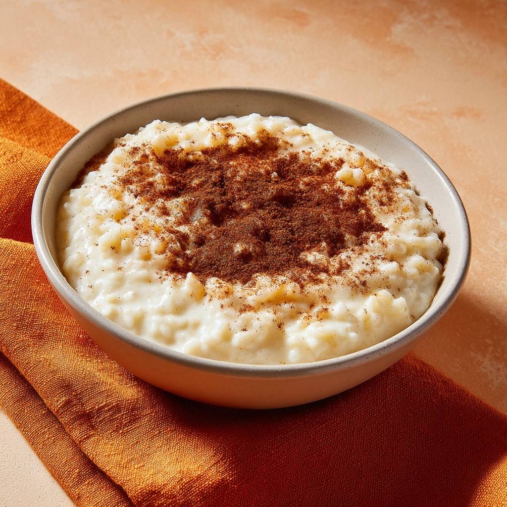 Cremiger Milchreis Mit Zimt Nahaufnahme Zimt 1 Cremiger Milchreis mit Zimt als Nahaufnahme, die die Textur des Reises und die Zimtdecke zeigt.