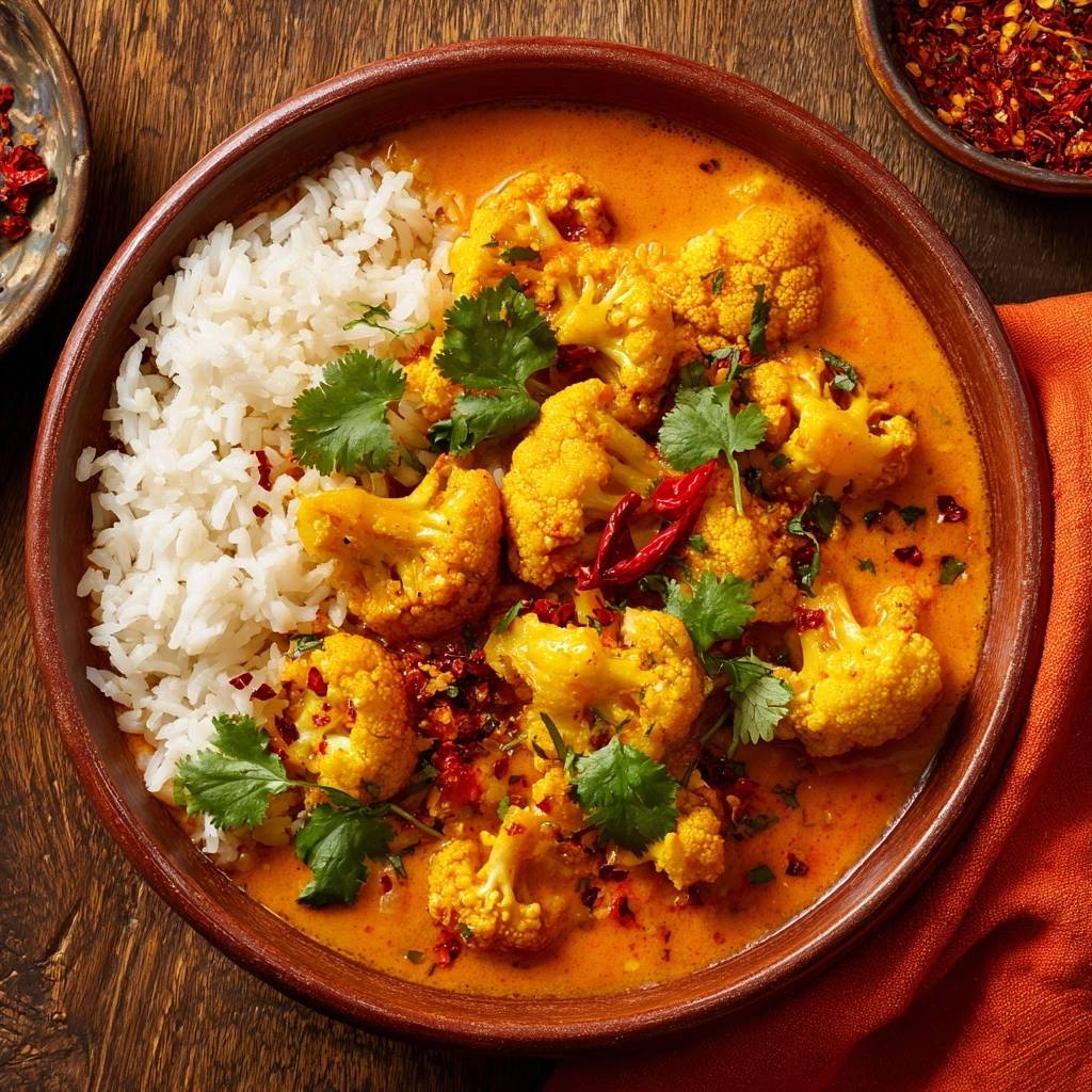 Cremiges Blumenkohl-Curry mit Basmatireis, serviert in einer braunen Schüssel aus der Vogelperspektive mit frischem Koriander garniert.