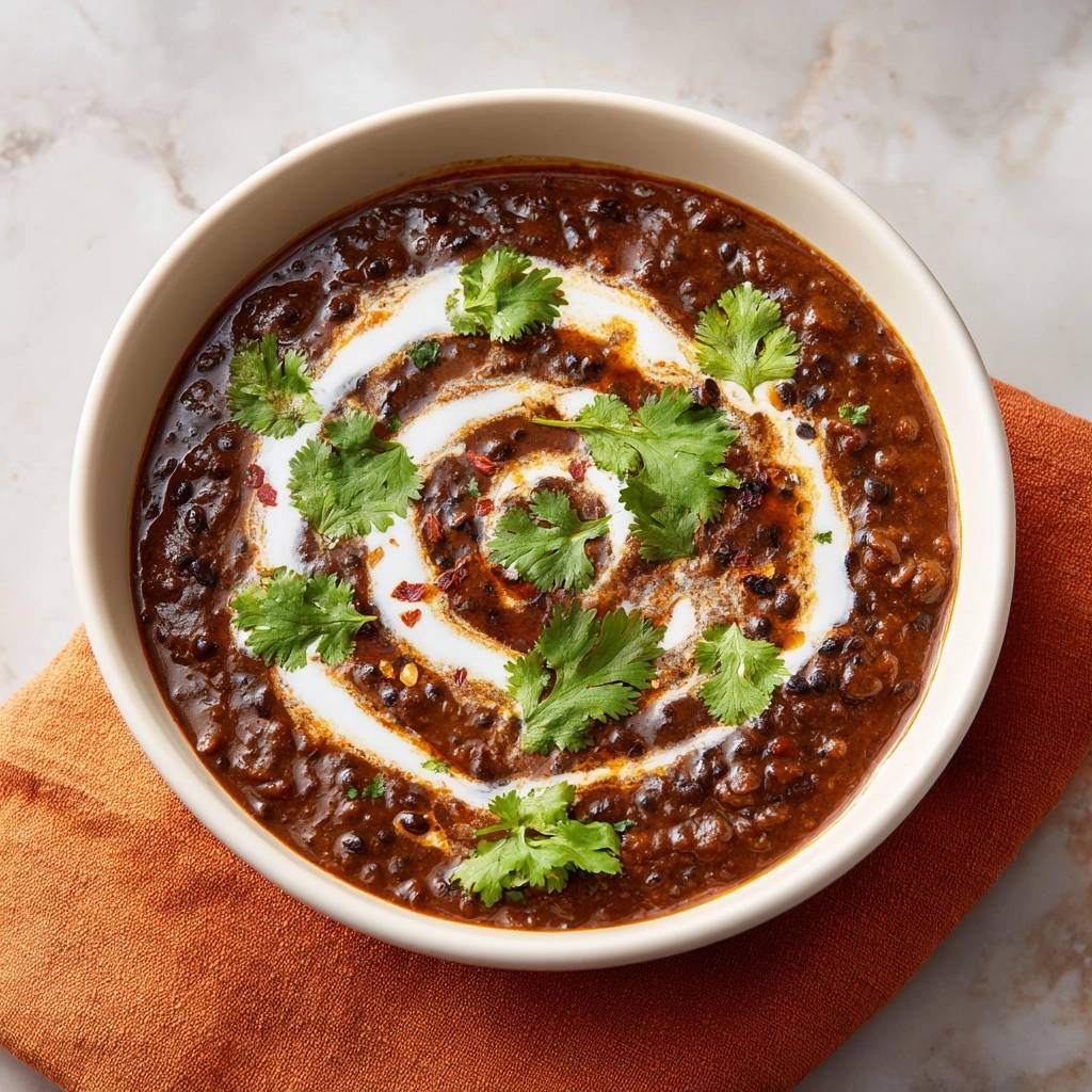 Cremiges Dal Makhani mit Kokosmilch-Wirbel und frischer Koriandergarnitur, von oben betrachtet.