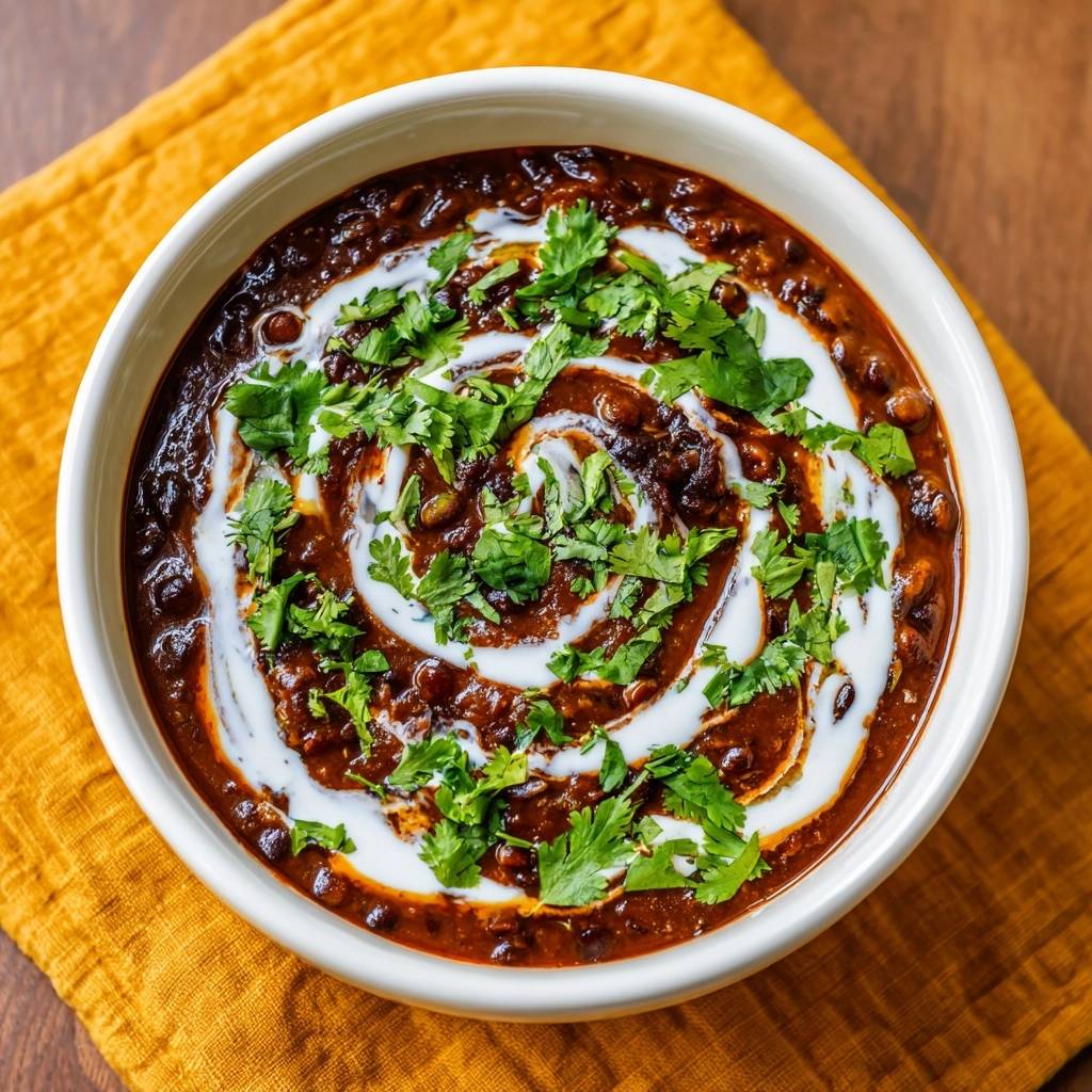 Cremiges Dal Makhani mit Koriander und Sahne-Wirbel, aus der Vogelperspektive in einer weißen Schüssel serviert.