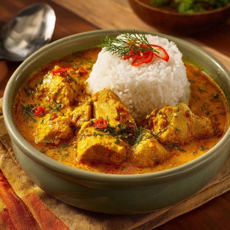 Cremiges gelbes Hühnercurry mit Reis, garniert mit Dill und Chilistreifen, serviert in einer Schüssel.