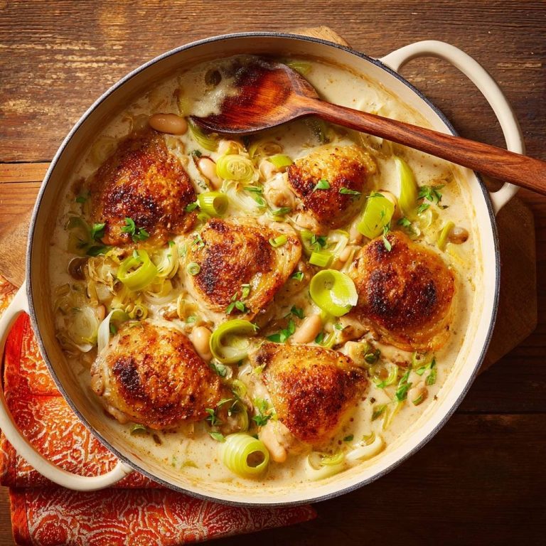 Cremiges Hähnchen mit Lauch und Bohnen von oben in einer Pfanne mit einem Holzkochlöffel serviert.