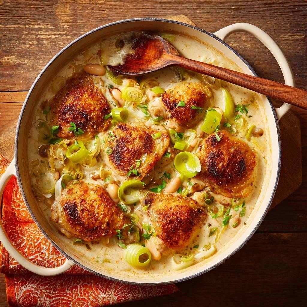 Cremiges Hähnchen mit Lauch und Bohnen von oben in einer Pfanne mit einem Holzkochlöffel serviert.