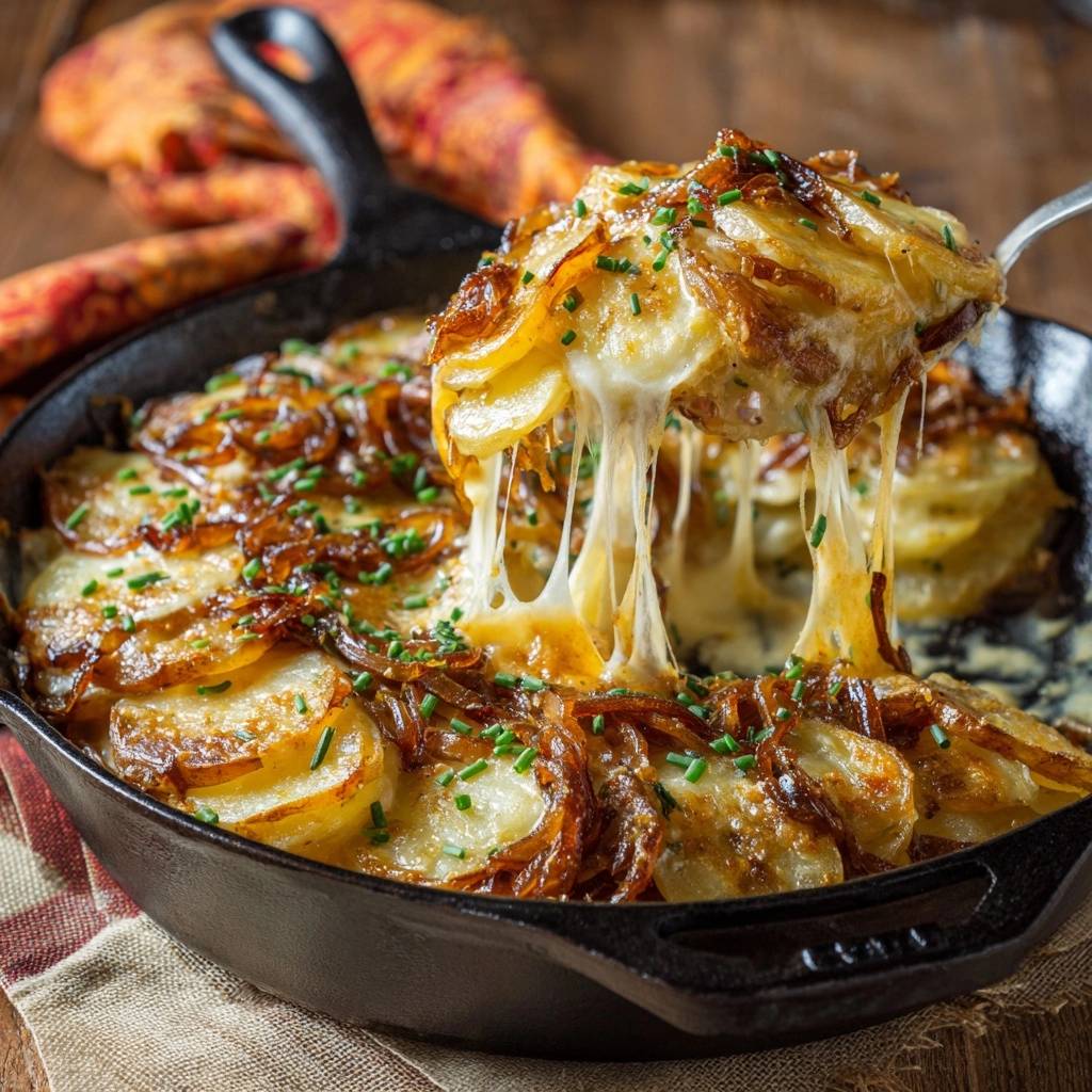 Cremiges Kartoffel-Zwiebel-Gratin mit langgezogenem Käse, in einer gusseisernen Pfanne serviert und mit Schnittlauch garniert.
