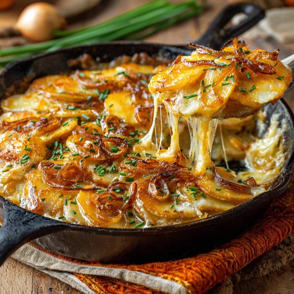 Cremiges Kartoffel Zwiebel Gratin Kaesezug 1 Cremiges Kartoffel-Zwiebel-Gratin mit einem riesigen Käsezug, das aus einer Gusseisenpfanne geschöpft wird.