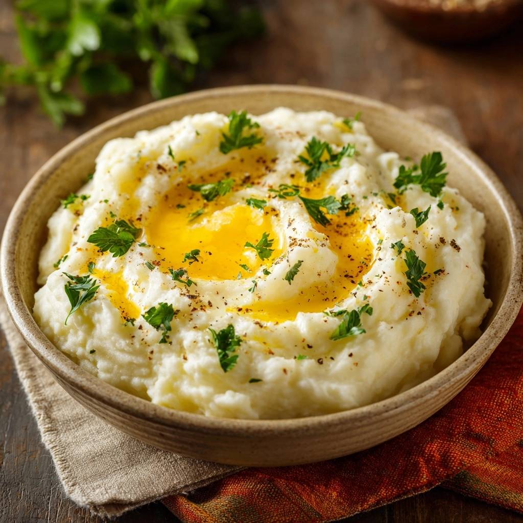 Cremiges Kartoffelpree Detail Garnitur 1 Cremiges Kartoffelpüree mit Olivenöl und Petersilie, detailnah mit flüssigem Butterkern und frischer Garnitur.