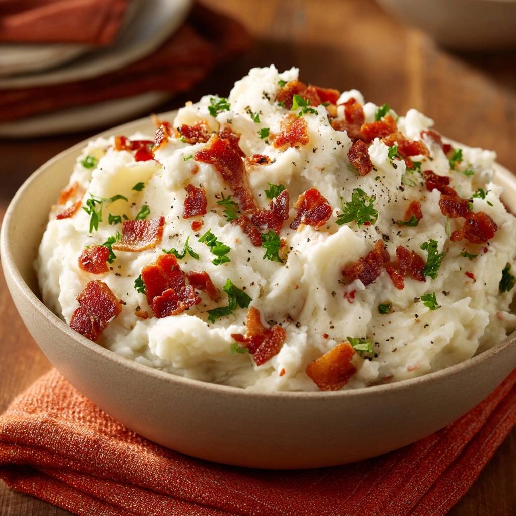Cremiges Kartoffelpüree mit knusprigem Bacon und Petersilie garniert, Nahaufnahme der Textur.