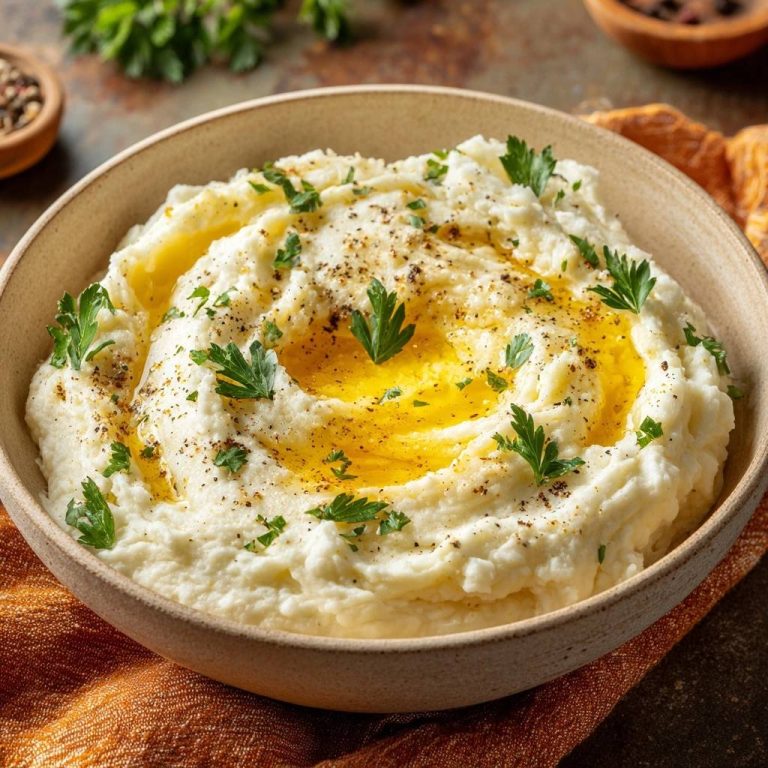 Cremiges Kartoffelpüree mit Olivenöl und Petersilie, garniert mit frischer Petersilie und schwarzem Pfeffer.