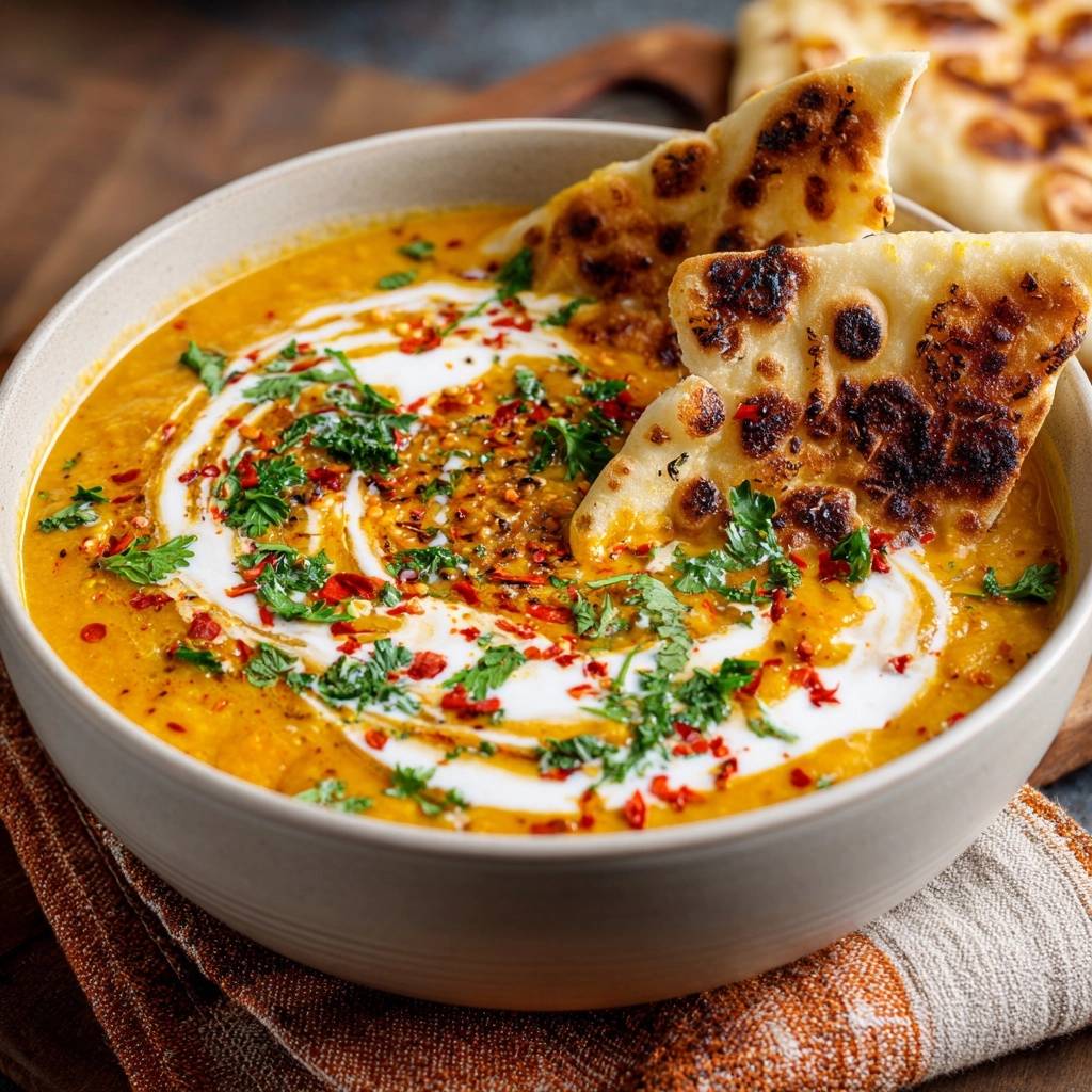 Cremiges Masoor Dal mit Naan, garniert mit frischer Petersilie, Chili und einem Swirl aus Sahne.
