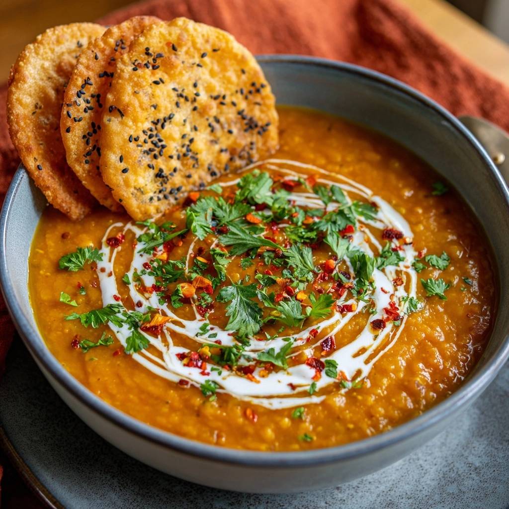 Cremiges Masoor Dal mit Sesam-Naan, garniert mit frischen Kräutern, Chili und einem Klecks Joghurt.