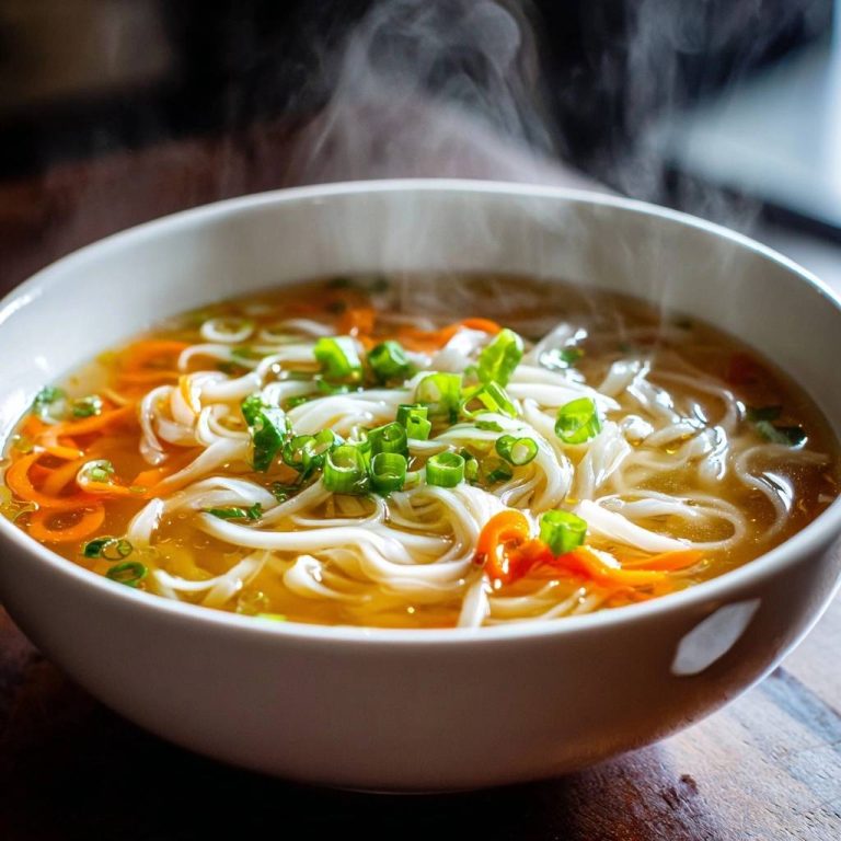 Dampfende Glasnudelsuppe mit Karotten, serviert in einer weißen Schüssel mit dampfendem Sud und reichlich Frühlingszwiebeln.
