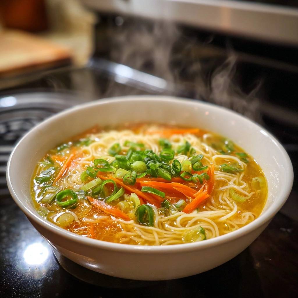 Dampfende Glasnudelsuppe mit Karotten, Nahaufnahme der dampfenden Suppe mit Nudeln, Karotten und Frühlingszwiebeln.