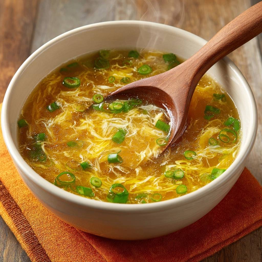 Eierblumensuppe Heisse Portion Holzloeffel 1 Eierblumensuppe, eine heisse Portion mit Einlagefäden und Frühlingszwiebeln, wird mit einem Holzlöffel serviert.