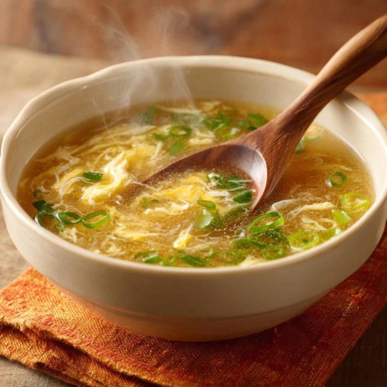Eierblumensuppe heiss serviert mit einem Holzloeffel, garniert mit Frühlingszwiebeln und Dampf steigt auf.