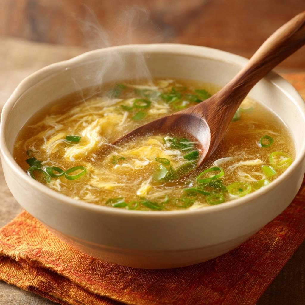 Eierblumensuppe heiss serviert mit einem Holzloeffel, garniert mit Frühlingszwiebeln und Dampf steigt auf.