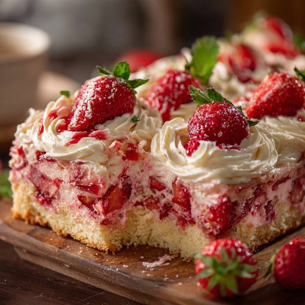 Erdbeer-Sahne-Torte angeschnitten mit ganzen Erdbeeren und Sahnetupfern, zeigt die Schichten und Fruchtstücke.