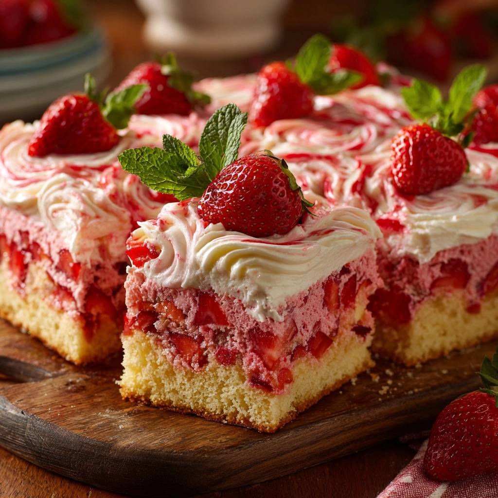 Erdbeer-Sahne-Torte im Querschnitt mit frischen Erdbeeren und Sahnetupfern, präsentiert auf einem Holzbrett.