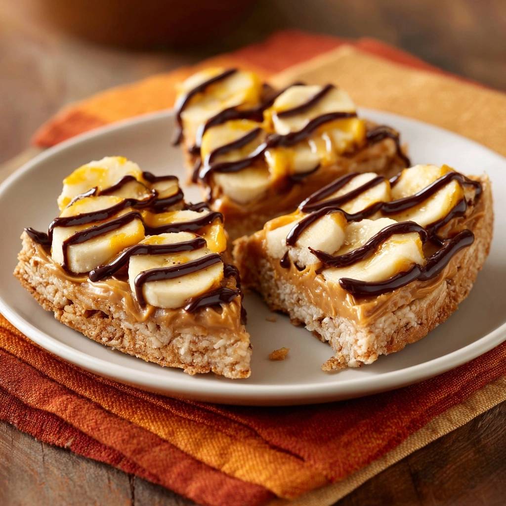 Erdnussbutter Bananen Schoko Pizza Angeschnitten 1 Knusprige Erdnussbutter-Bananen-Schoko-Pizza angeschnitten auf einem Teller mit Bananenscheiben und Schokoladendrizzle.