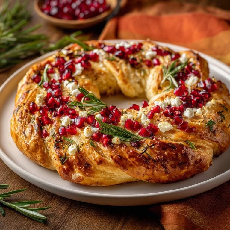 Festlicher Rosmarin-Feta-Brotkranz mit Granatapfel, garniert mit frischem Rosmarin und zerbröckeltem Feta-Käse.