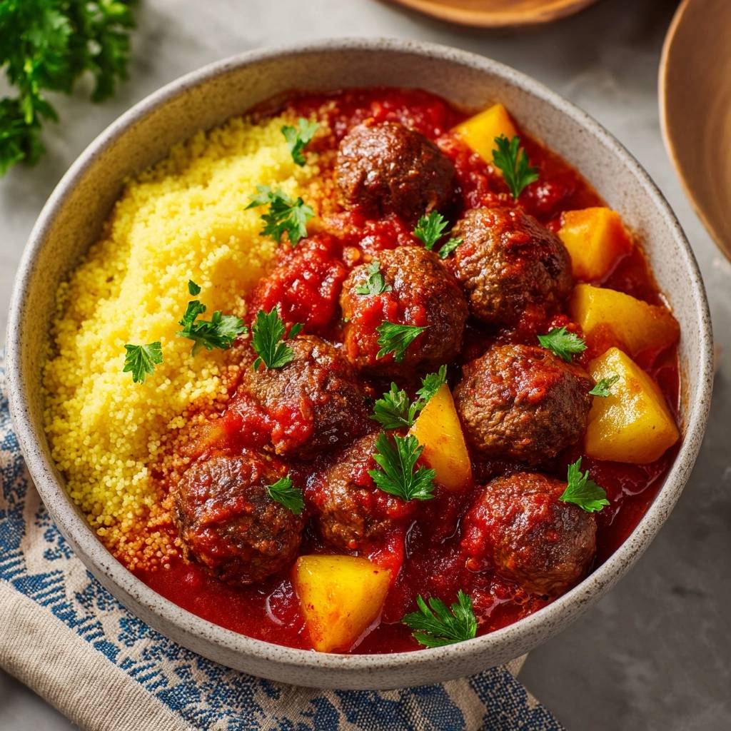 Saftige Fleischbällchen mit Safrannudeln, nahaufnahme der Fleischbällchen in Tomatensauce mit Garnitur